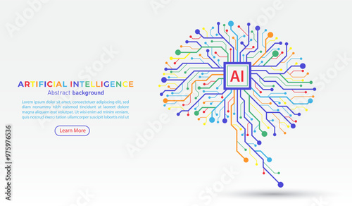 Colorful digital brain circuit board with AI chip processor. Business idea and innovation. Artificial intelligence and innovation technology concept. AI microchip, semiconductor. Vector illustration.
