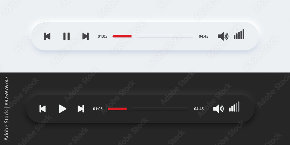 Media music player interface bar dark and day mode. Audio player bar for songs or podcast playlists. Neumorphism style, UI UX design for app and web, Vector illustration. Media music player interface bar dark and day mode. Audio player bar for songs or podcast playlists. Neumorphism style, UI UX design for app and web, Vector illustration.