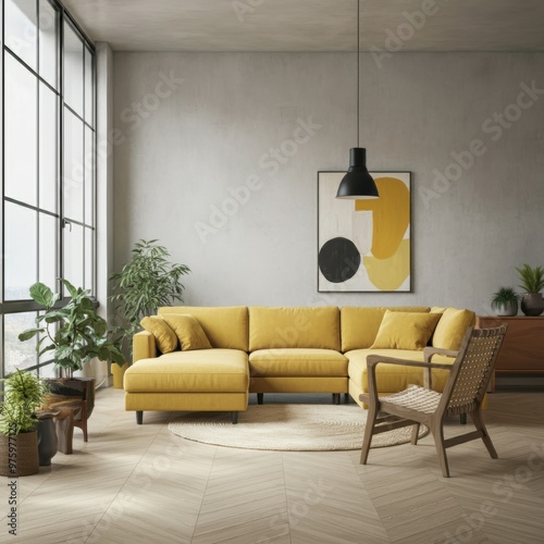 A modern, spacious living room with minimalist decor, a stylish mustard yellow sectional sofa set, floor-to-ceiling windows allowing natural light, potted plants adding freshness, a sleek black hangin photo