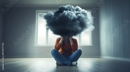A visual metaphor for mental illness, showing a person with a heavy, dark cloud hanging over their head, sitting in an empty room, symbolizing depression and anxiety as invisible disease