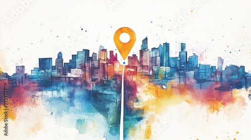 Watercolor city view with a bright location pin at the center, symbolizing mapping, exploration, and finding your way.