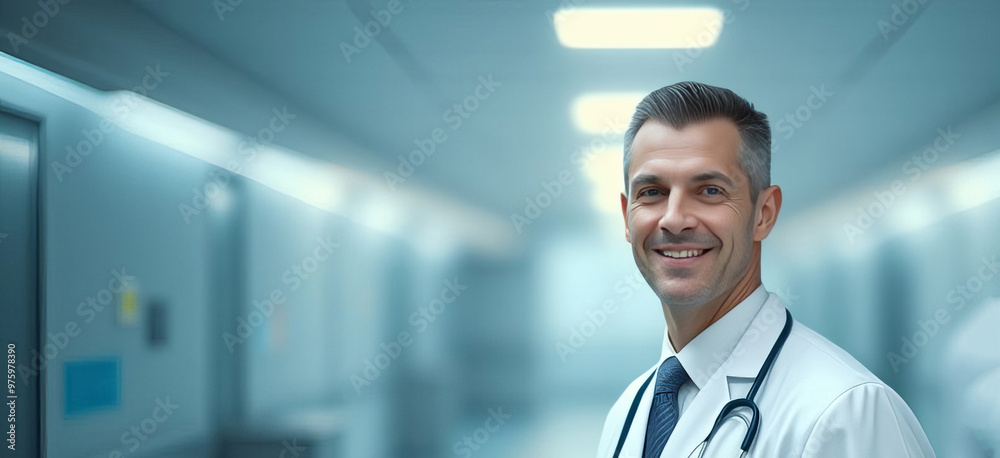 Portrait of friendly male doctor in workwear with stethoscope on neck posing with folded arms in clinic interior, looking and smiling at camera, copy space Portrait of friendly male doctor in workwear with stethoscope on neck posing with folded arms in clinic interior, looking and smiling at camera, copy space