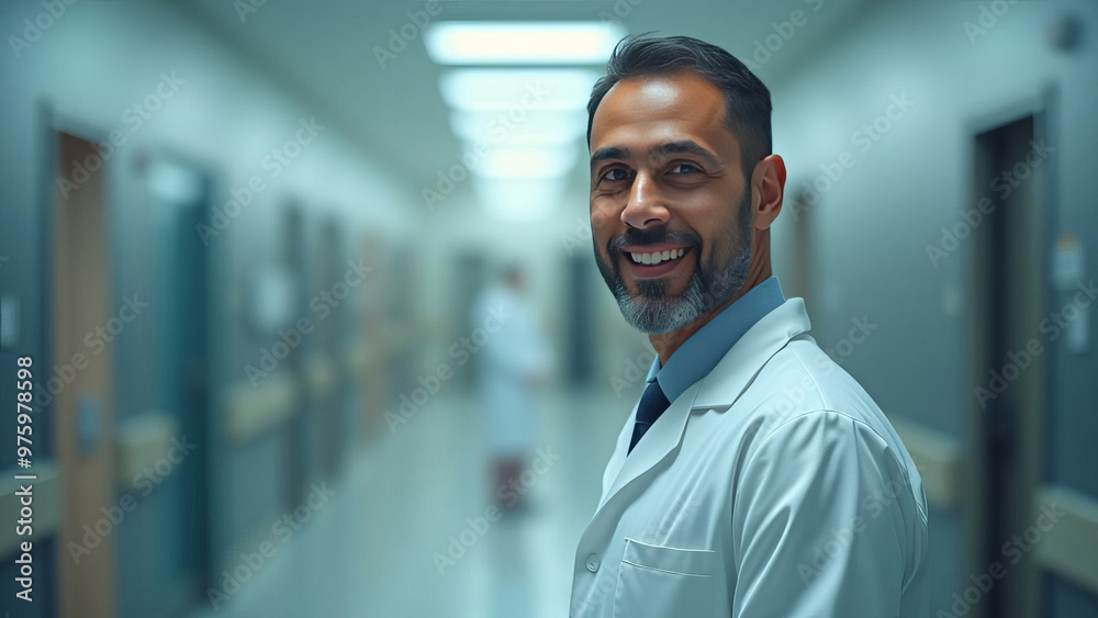 Portrait of friendly male doctor in workwear with stethoscope on neck posing with folded arms in clinic interior, looking and smiling at camera, copy space