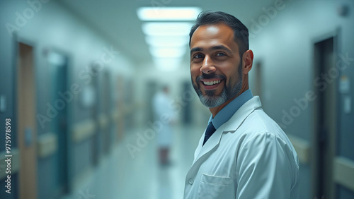 Portrait of friendly male doctor in workwear with stethoscope on neck posing with folded arms in clinic interior, looking and smiling at camera, copy space