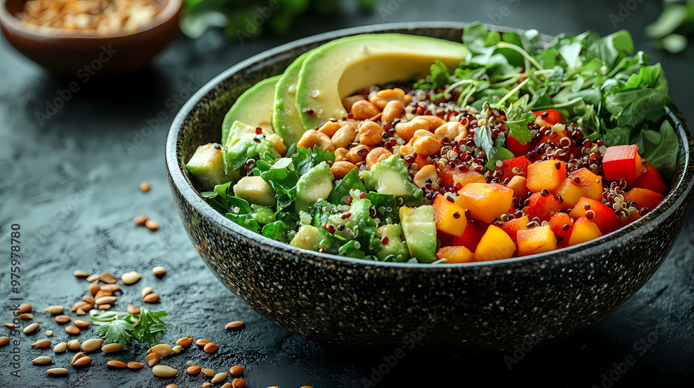 A beautifully arranged bowl of fresh vibrant salad. A beautifully arranged bowl of fresh vibrant salad.
