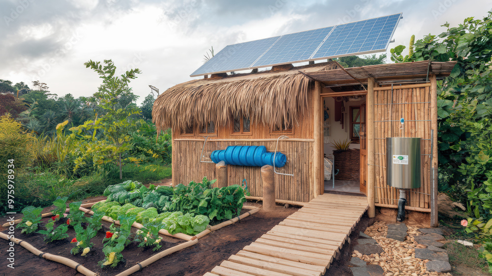 A photo of a sustainable living setup. There is a solar panel on the rooftop, a rainwater collection system on the side of the house, and a small garden with vegetables and flowers. A photo of a sustainable living setup. There is a solar panel on the rooftop, a rainwater collection system on the side of the house, and a small garden with vegetables and flowers.