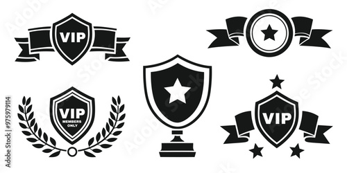 Black shield with ribbon. Simple Shield Icon Flat Style Vector. VIP members badge vector silhouette. Sheild silhouette vector.