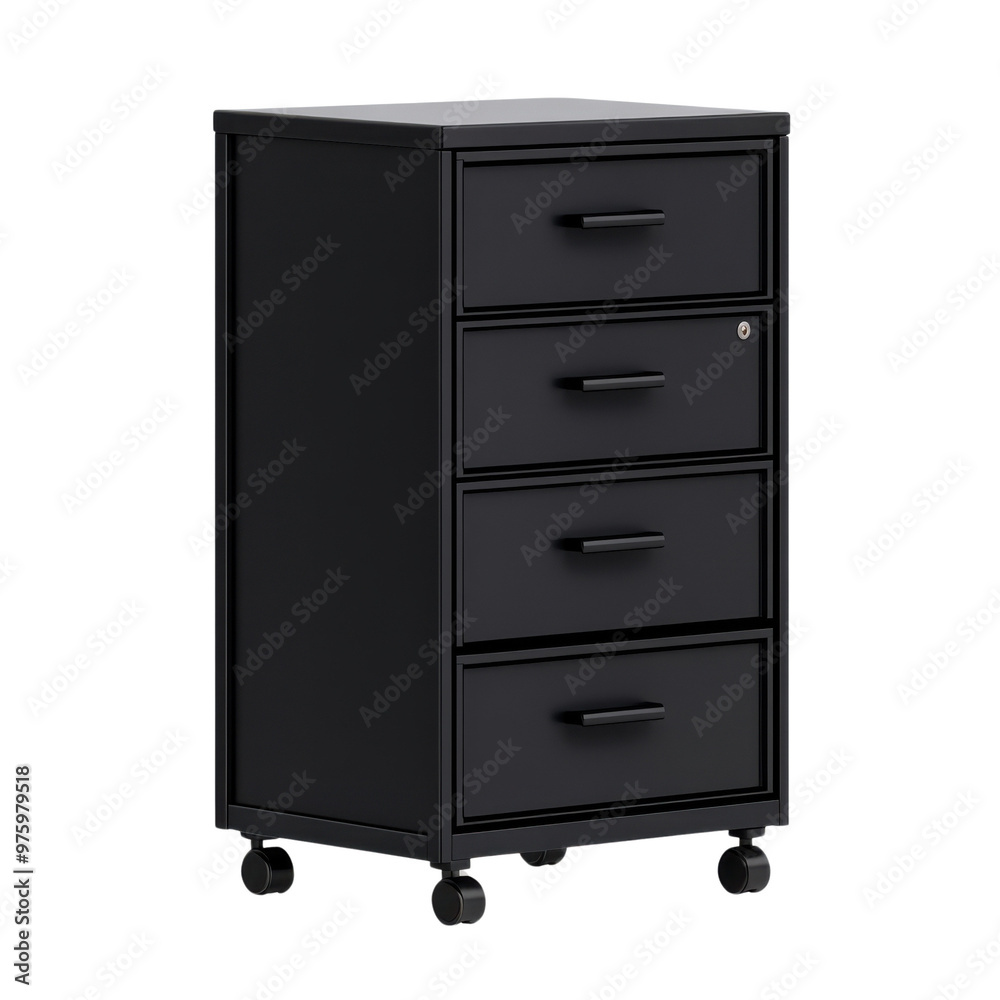Stylish black metal filing cabinet with four drawers on wheels for easy mobility and organization in any workspace. Stylish black metal filing cabinet with four drawers on wheels for easy mobility and organization in any workspace.