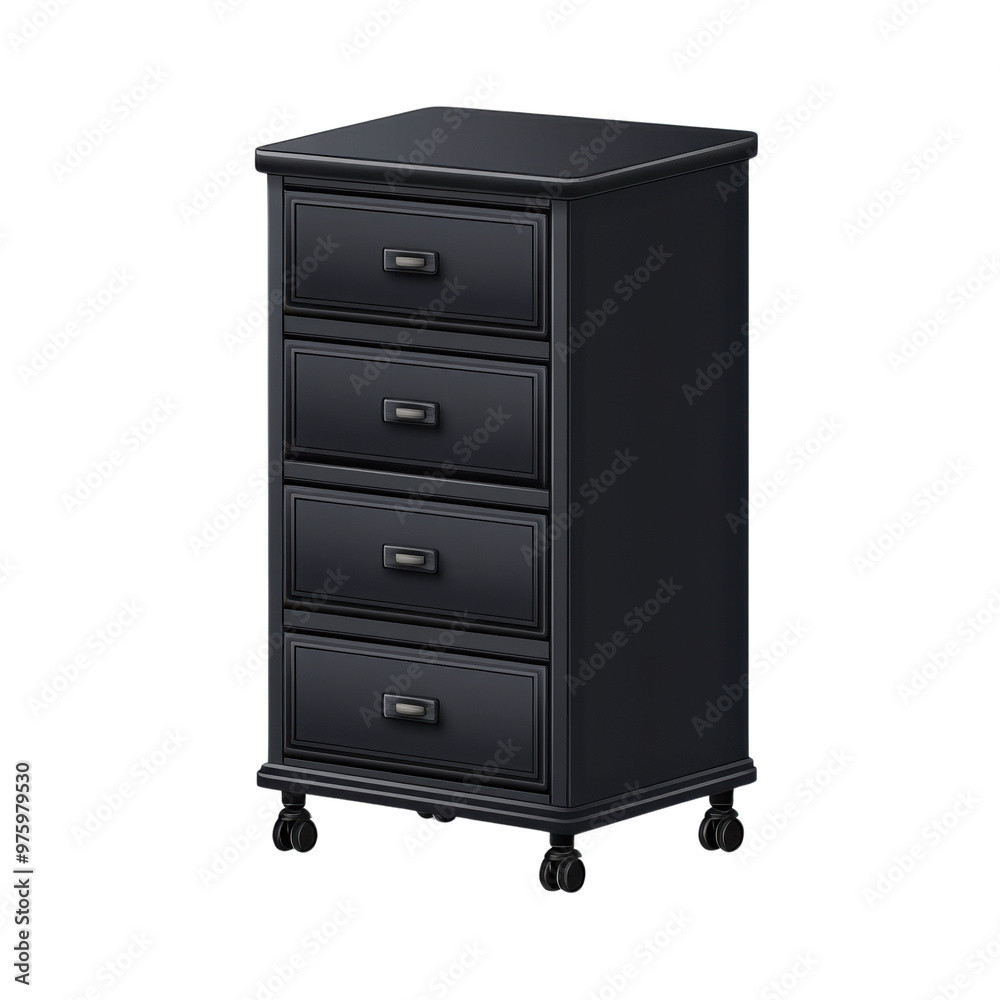 Stylish black rolling cabinet with four drawers for organized storage in home or office. Stylish black rolling cabinet with four drawers for organized storage in home or office.