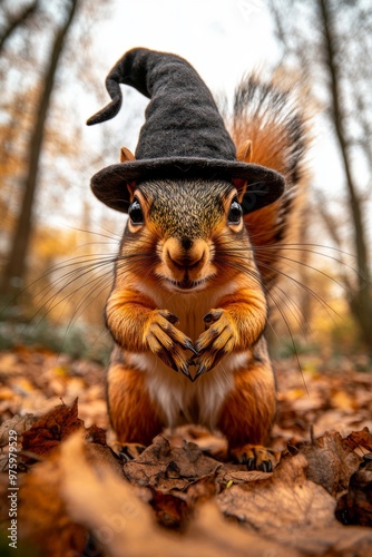 Squirrel Sorcerer in Enchanted Woods, a whimsical scene of a squirrel wearing a wizard hat, conjuring spells amidst ancient trees and mystical shadows, ideal for storytelling.