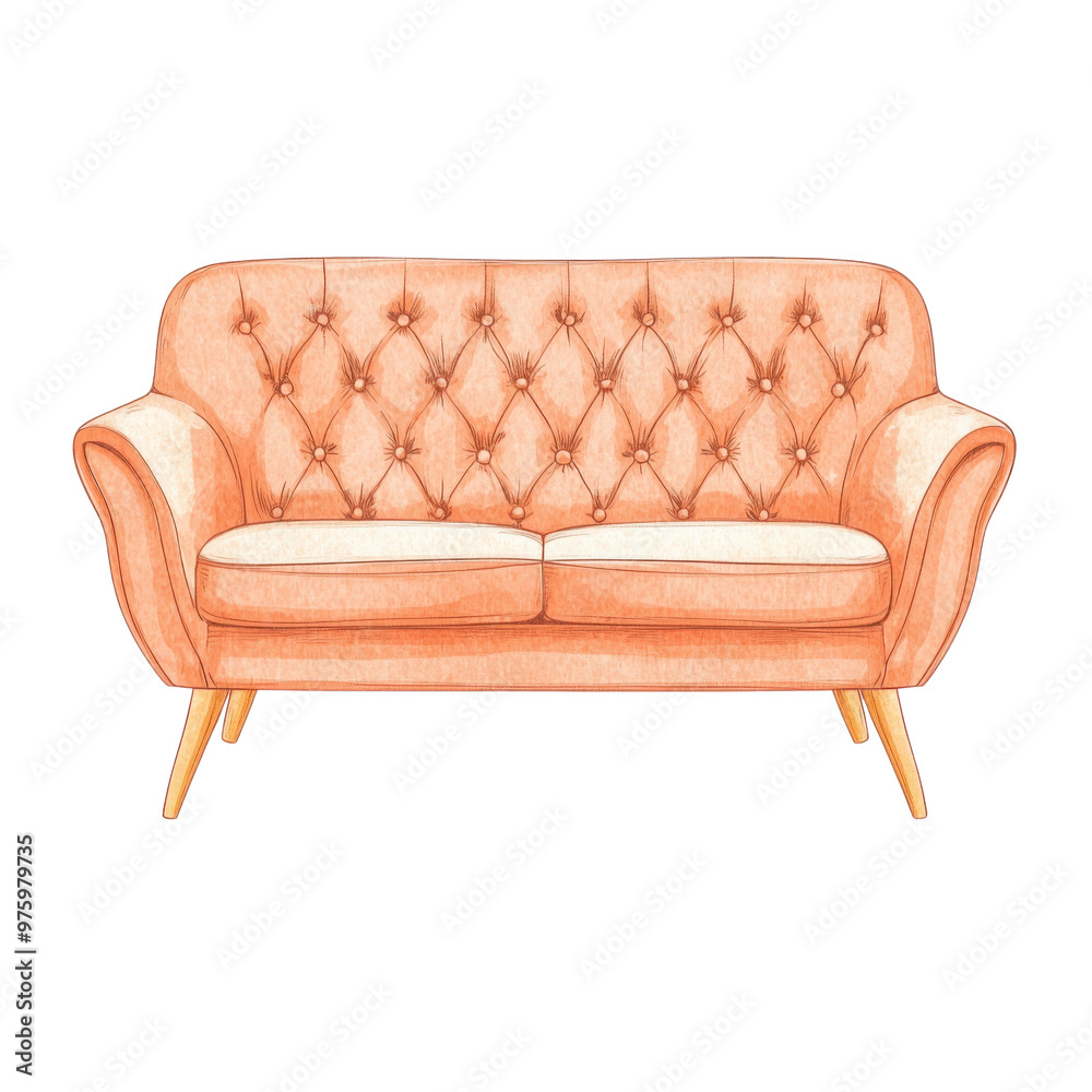 Fototapeta premium Stylish tufted sofa in soft peach color, perfect for modern interiors and adding a touch of elegance to any living space.