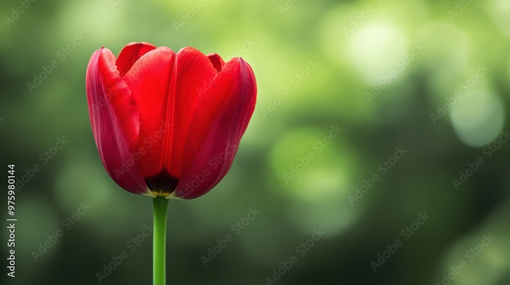 A close-up of a red tulip against a blurred green background, highlighting the rich color of the petals