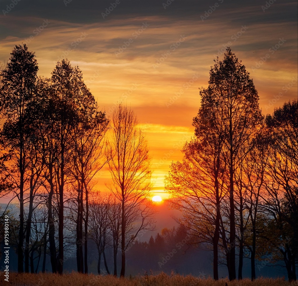 At dusk in the landscape and trees, you can enjoy a full view of the orange sunset through At dusk in the landscape and trees, you can enjoy a full view of the orange sunset through