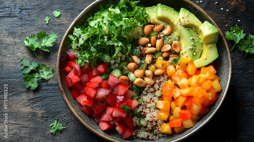 A beautifully arranged bowl of fresh vibrant salad. photo