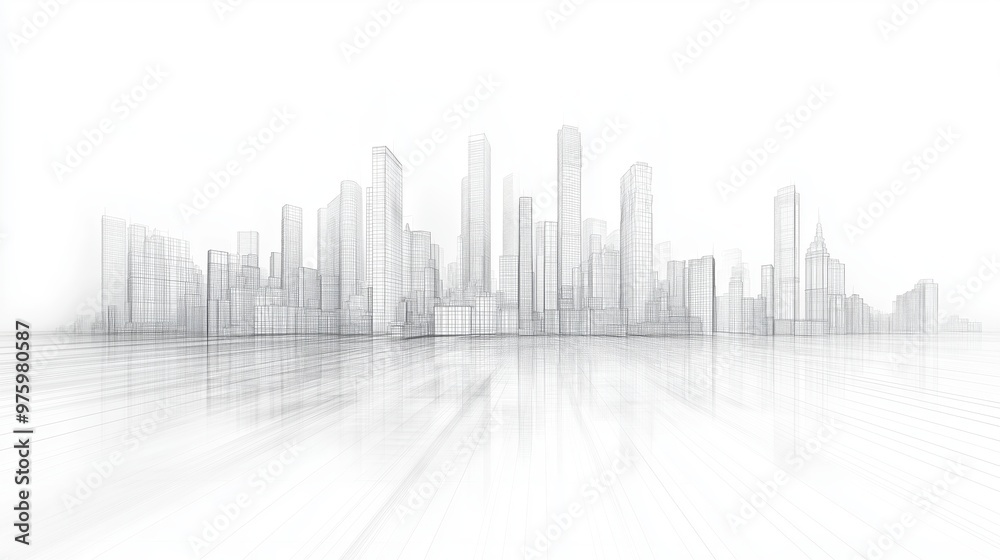 A city skyline is shown in black and white. The buildings are tall and spread out, creating a sense of depth and distance. The city appears to be in the middle of the night A city skyline is shown in black and white. The buildings are tall and spread out, creating a sense of depth and distance. The city appears to be in the middle of the night