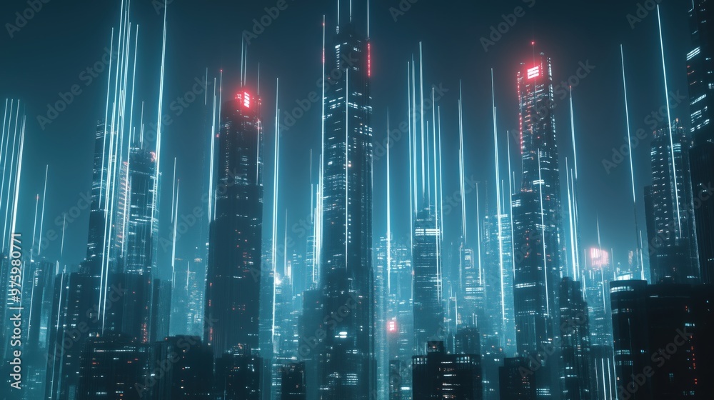 A cityscape with tall buildings and neon lights. The city is lit up and he is futuristic A cityscape with tall buildings and neon lights. The city is lit up and he is futuristic