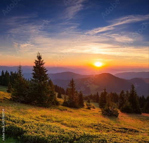 At dusk in the landscape and trees, you can enjoy the full view of a beautiful sunset scene 