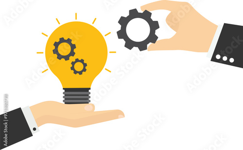 Implement business idea, development process or project implementation, new innovation, optimization or solution concept, businessman hand holding lightbulb idea implementing cogwheel to make it work.