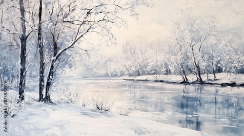 Tranquil Winter Landscape Showcasing a Serene River and Snow-Covered Trees at Dawn