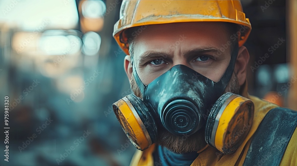 Close-up Portrait of a Man Wearing a Gas Mask and Hard Hat Close-up Portrait of a Man Wearing a Gas Mask and Hard Hat