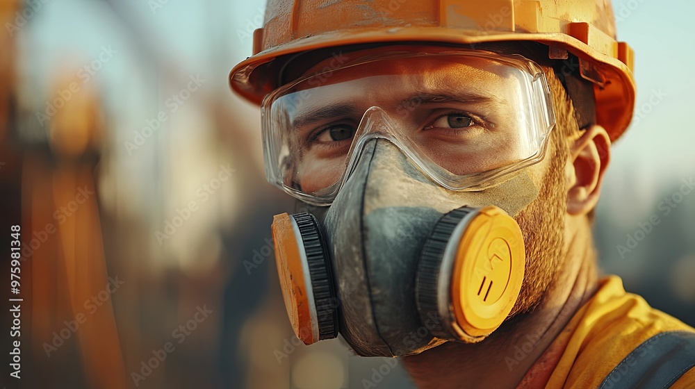 Close-up Portrait of a Construction Worker Wearing a Respirator Mask and Safety Glasses Close-up Portrait of a Construction Worker Wearing a Respirator Mask and Safety Glasses