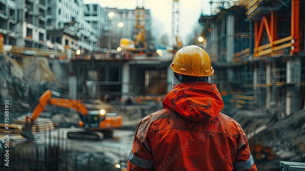 Construction Worker in Yellow Hard Hat and Red Jacket at a Construction Site Construction Worker in Yellow Hard Hat and Red Jacket at a Construction Site