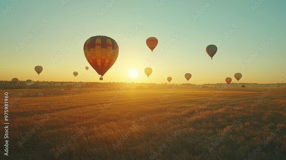 Fototapeta premium Colorful Hot Air Balloons Drifting Over a Serene Meadow at Sunrise