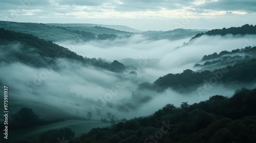 Dense Fog Rolling Over Hilly Landscape with Moody Atmospheric Presence