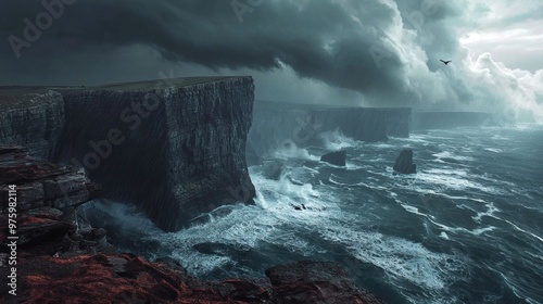 Dramatic Cliff Face Towering Over Raging Ocean Storm with Crashing Waves and Churning Surf