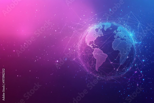 Stylized globe with digital connections on a vibrant purple background