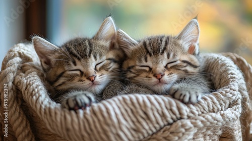 Two Tabby Kittens Sleeping in a Rope Basket