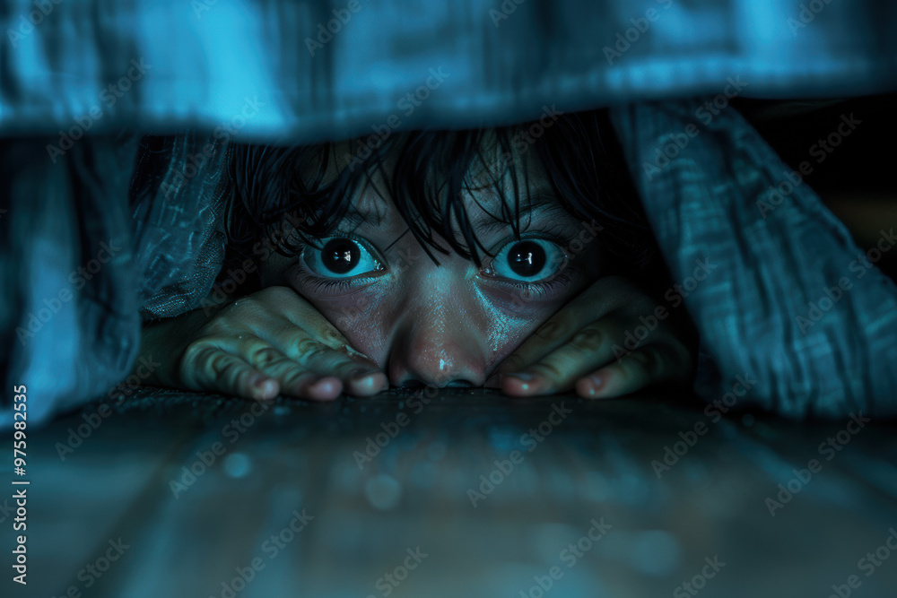 An image of a child hiding under the bed with wide, fearful eyes. An image of a child hiding under the bed with wide, fearful eyes.