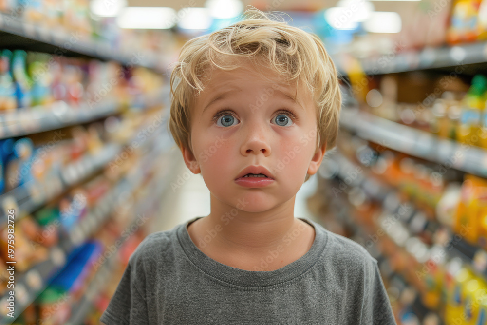 An image of a young boy standing in a supermarket aisle, with a worried expression on his face. An image of a young boy standing in a supermarket aisle, with a worried expression on his face.