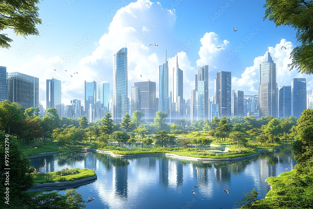 A panoramic view of a serene cityscape where futuristic skyscrapers blend seamlessly with lush green parks A panoramic view of a serene cityscape where futuristic skyscrapers blend seamlessly with lush green parks