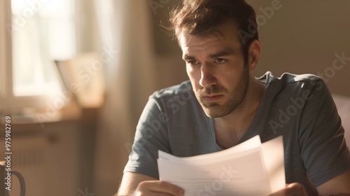 Man sitting at desk with concerned expression, holding stack of papers symbolizing financial stress and national debt, emphasizing personal and economic challenges.