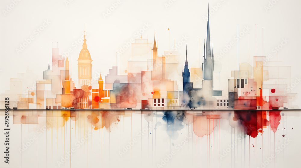 Obraz premium A vibrant watercolor skyline featuring iconic buildings and structures, blending warm and cool colors. This artistic representation captures essence of urban life and creativity.