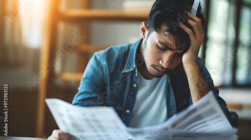 Man sitting at desk with concerned expression, holding stack of papers symbolizing financial stress and national debt, emphasizing personal and economic challenges.
