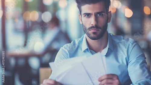 Man sitting at desk with concerned expression, holding stack of papers symbolizing financial stress and national debt, emphasizing personal and economic challenges.