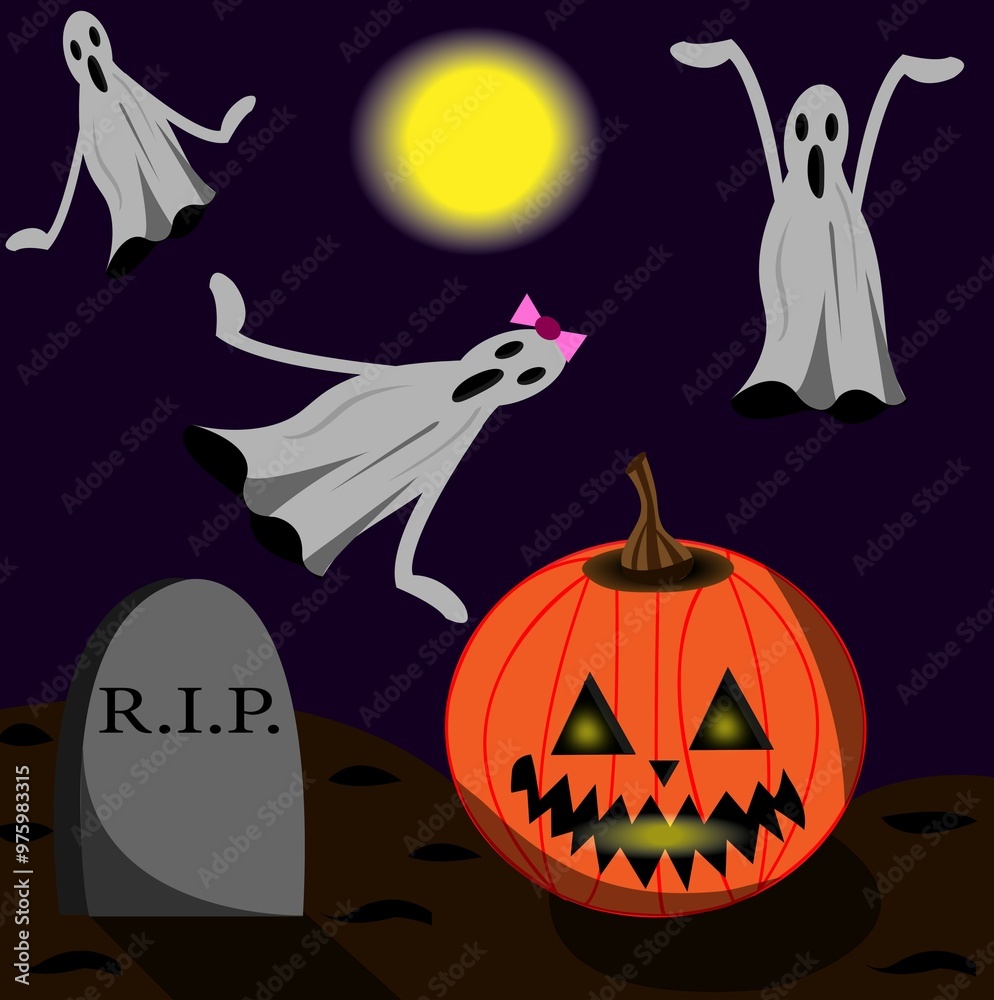 Fototapeta premium Art & Illustration – Haloween illustration of a pumpkin surrounded by three ghosts.