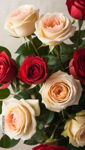 Rose bouquet of red roses. View of beautiful blooming rose flowers. Waterdrops on rose abstract shapes love valentine's day and background.