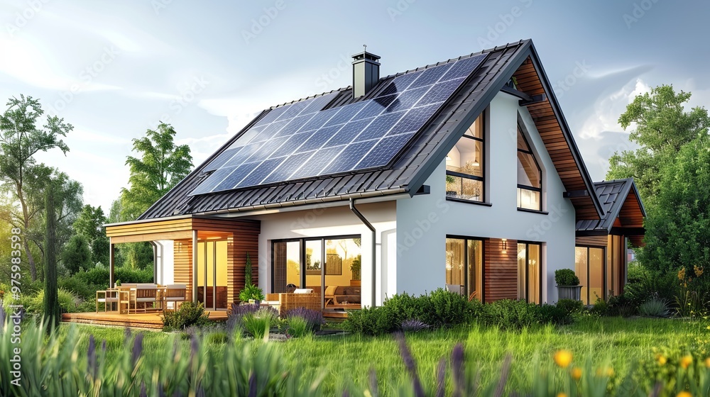 Solar panels on roof. Conceptual illustration shows people collecting lightning for green and clean electric energy from house solar panels. Ecology and sustainability Solar panels on roof. Conceptual illustration shows people collecting lightning for green and clean electric energy from house solar panels. Ecology and sustainability