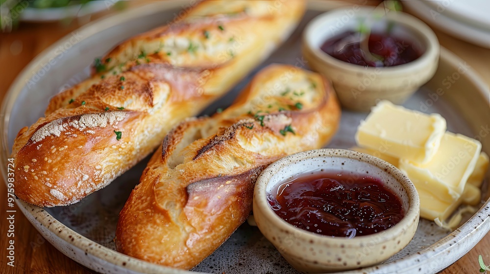 Two Toasted Baguettes with Butter, Jelly, and Parsley on a Plate Two Toasted Baguettes with Butter, Jelly, and Parsley on a Plate