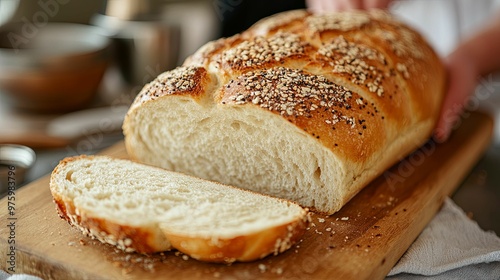 Freshly Baked Loaf of Bread with Seeds on a Wooden Cutting Board