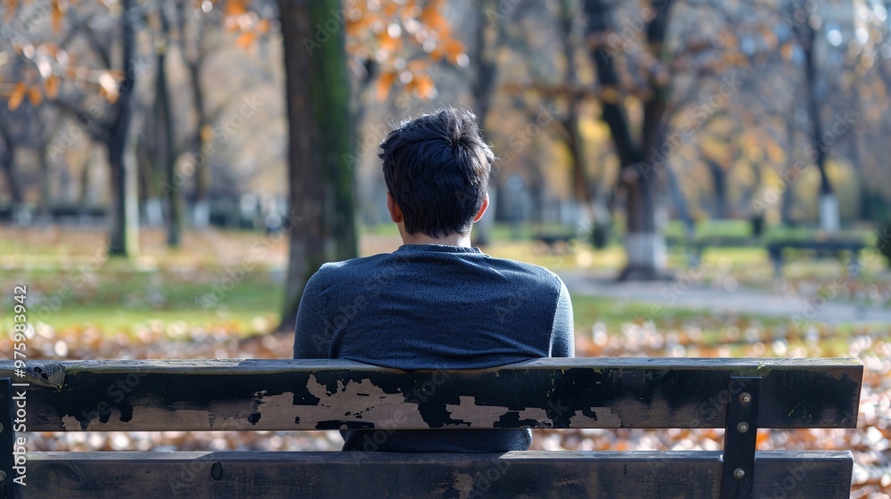 Fototapeta premium Person sitting alone on a bench in a park, looking contemplative and thoughtful.