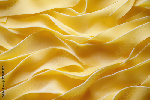 An image of uncooked yellow fettuccine pasta arranged in a close-up view, showcasing its smooth texture and vibrant color. 