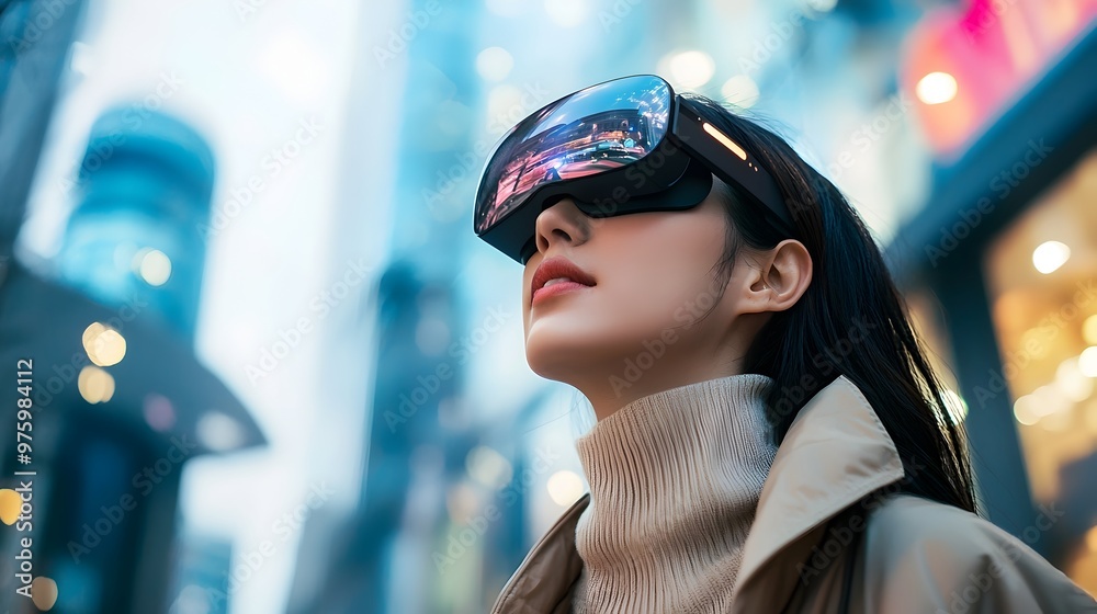 Futuristic Businesswoman Embracing Augmented Reality in Smart City Environment Futuristic Businesswoman Embracing Augmented Reality in Smart City Environment