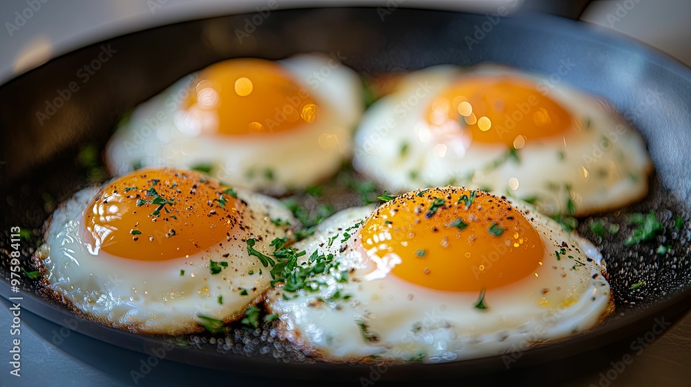 Four Sunny-Side Up Eggs with Parsley and Pepper in a Black Pan Four Sunny-Side Up Eggs with Parsley and Pepper in a Black Pan