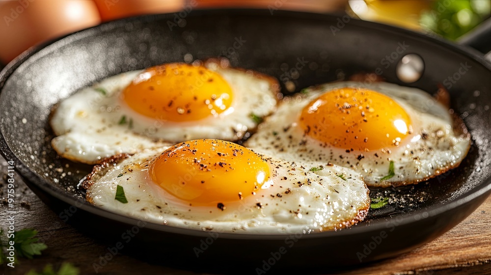 Three Perfectly Fried Eggs with Pepper in a Skillet Three Perfectly Fried Eggs with Pepper in a Skillet