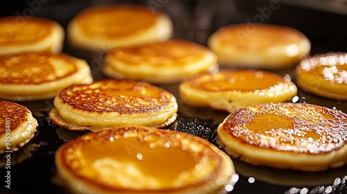 Golden Brown Pancakes Drizzled with Syrup on a Black Plate