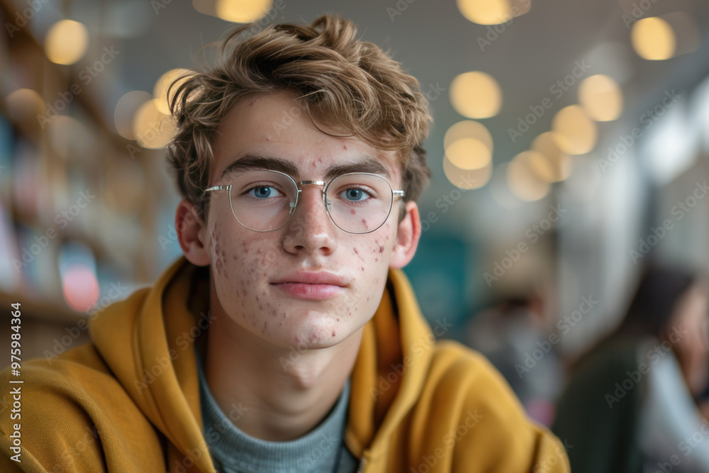 An image of a teenage boy with light brown curly hair, wearing glasses, and dressed in a yellow hoodie. An image of a teenage boy with light brown curly hair, wearing glasses, and dressed in a yellow hoodie.
